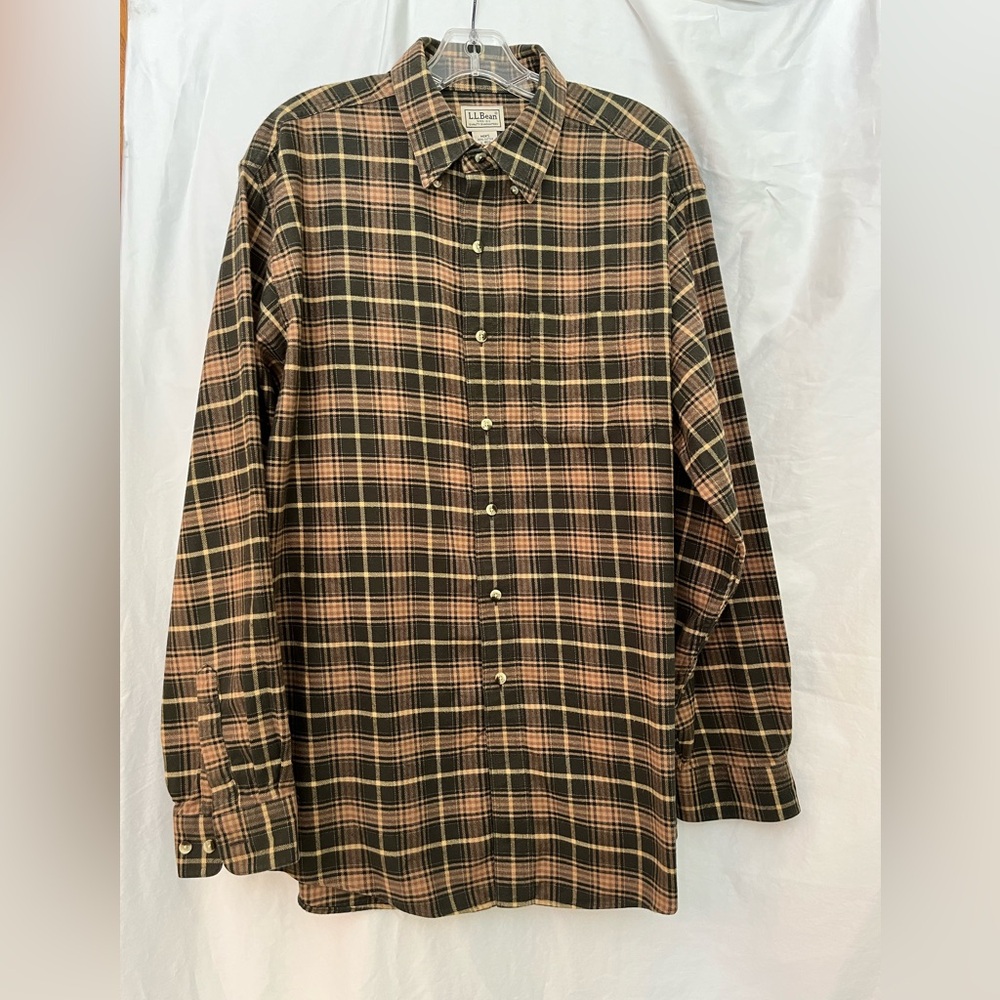 L.L. Bean Men's Casual Plaid Flannel Shirt - Dark Brown and Tan